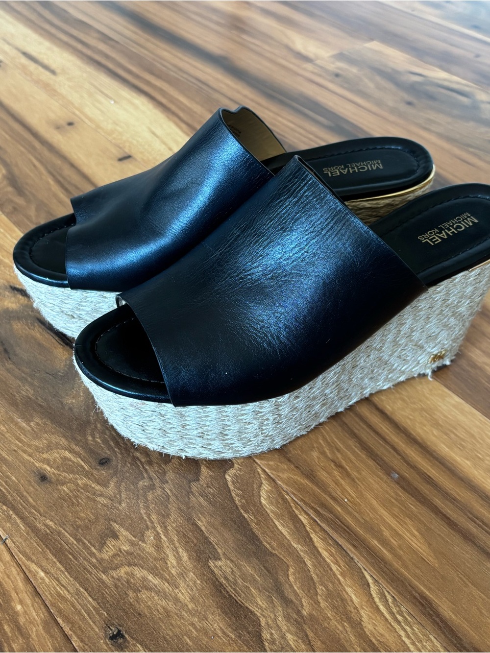 MICHAEL Michael Kors Black Leather Espadrille Platform Mules